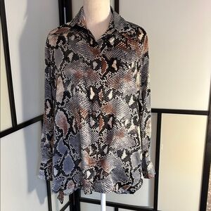 Button-Down Snake Print Blouse in Black, Brown & Cream
